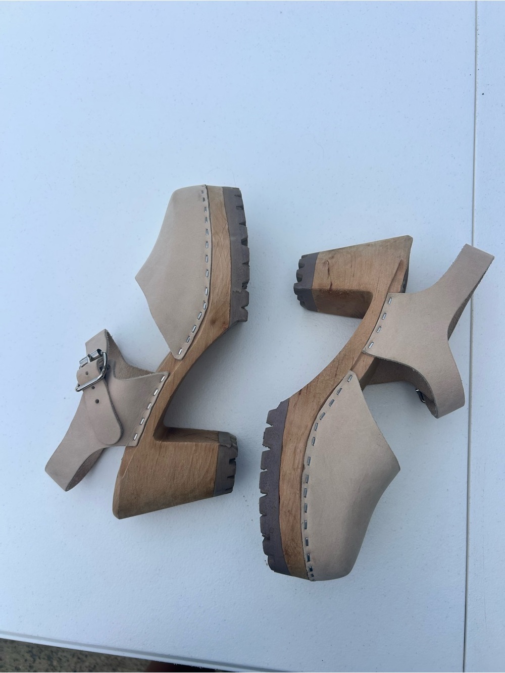 MIA Beige Leather Clog Heels with Wood Platform and Buckle - Picture 3 of 10